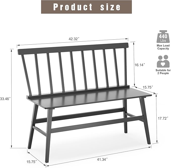 Bamboo Dining Bench, Entryway Bench with Spindle Back Farmhouse Wood Windsor for Foyer Balcony Living Room (Black)