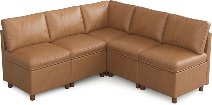 SITJOY Breakfast Nook Bench with Storage, Modular Corner Kitchen Banquette Seating, Dining Settee Couch, Upholstered Dining Bench with Back, Pet-Friendly Faux Leather in Brown, 5-Seat L Shaped Nook