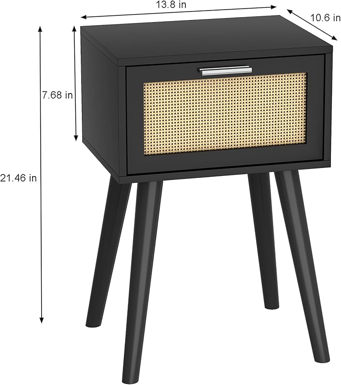 LAATOOREE Nightstand Set of 2, Small End Table with Rattan Door, Bedside Table with Solid Wood Feet, Boho Side Table for Bedroom Living Room Small Space, Black