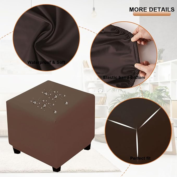 Waterproof Ottoman Cover Square Stretch PU Soft Folding Storage Ottoman Cover with Elastic Bottom Cube Footrest Foot Stool Slipcovers Machine Washable(Large/Dark Coffee)
