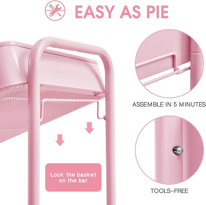 TOOLF 3-Tier Rolling Cart - Metal Utility Storage Organizer with Lockable Wheels, 33 lbs Per Shelf, Tool-Free 5-Min Assembly, for Kitchen Bathroom Office Nursery Craft Room, Pink