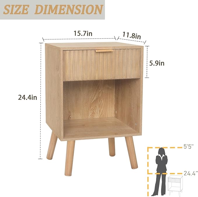 Fultyle Night Stand with Drawer, Mid Century Nightstand with Storage, Modern Fluted Bedside Table Bedroom Living Room for Small Space, Office (Rustic Walnut)