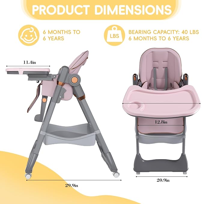 Foldable Baby High Chair with 150° Swing & Recline,Convertible High Chairs for Babies and Toddlers,5 Height Levels,3 Backrest & Footrest Positions,Removable Double Tray,Lockable Wheels (Pink)