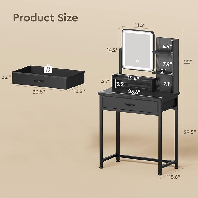 YeTom Makeup Vanity Desk with Mirror and Lights, Small Vanity with Fabric Storage Drawer & Shelves & Side Table, Black Compact Makeup Vanity for Bedroom