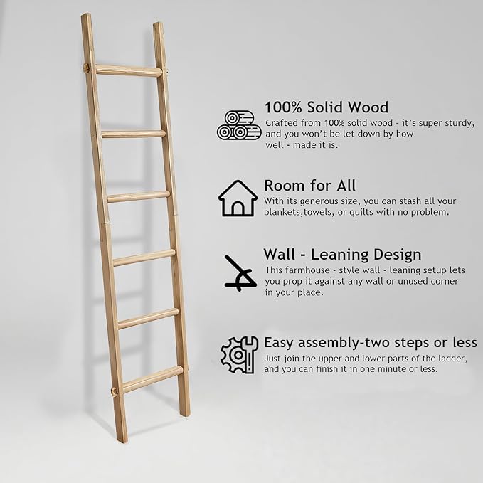 Wooden Blanket Ladder - Natural & Motley Wood - Leaning Wall Decor for Bedroom, Bathroom, Living Room - Rustic Quilt Holder & Towel Rack (Brown, 76in（6-Tier）)