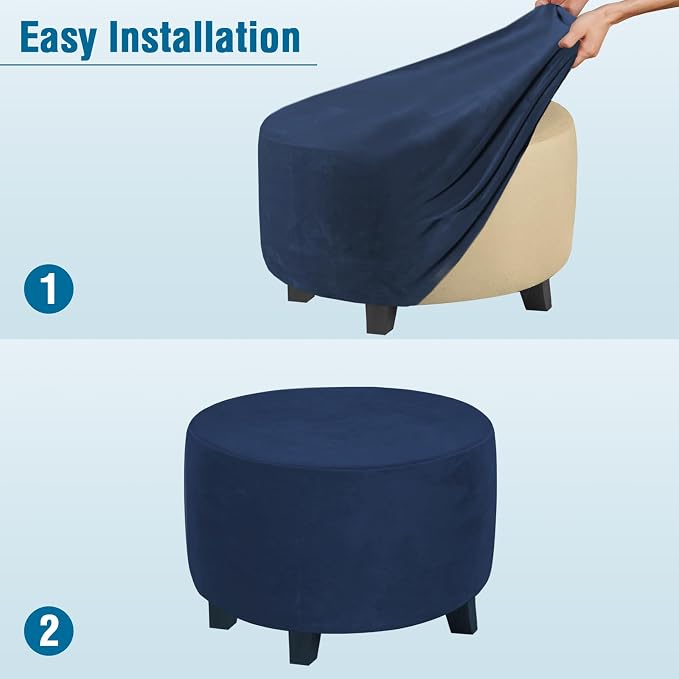 H.VERSAILTEX Round Ottoman Slipcover Ottoman Covers Slipcover Footstool Protector Covers Storage Stool Ottoman Covers Stretch with Elastic Bottom, Feature Real Velvet Plush Fabric (Medium, Navy)