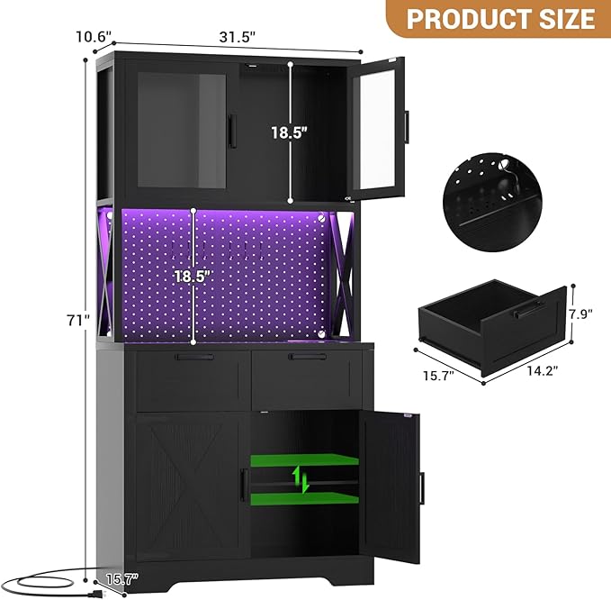 Unikito 71" Pantry Cabinet with LED Light & Outlet, Tall Kitchen Pantry Storage Cabinet with Microwave Stand, DIY Pegboard, Drawers and Adjustable shelf, Farmhouse Kitchen Hutch for Dining Room, Black