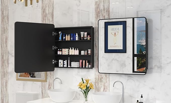 ACEMIRO 30x32 Inch Bathroom Medicine Cabinet with Mirror Black Metal Framed Mirror Cabinet Recessed or Surface Wall Mounted Medicine Cabinets for Bathroom