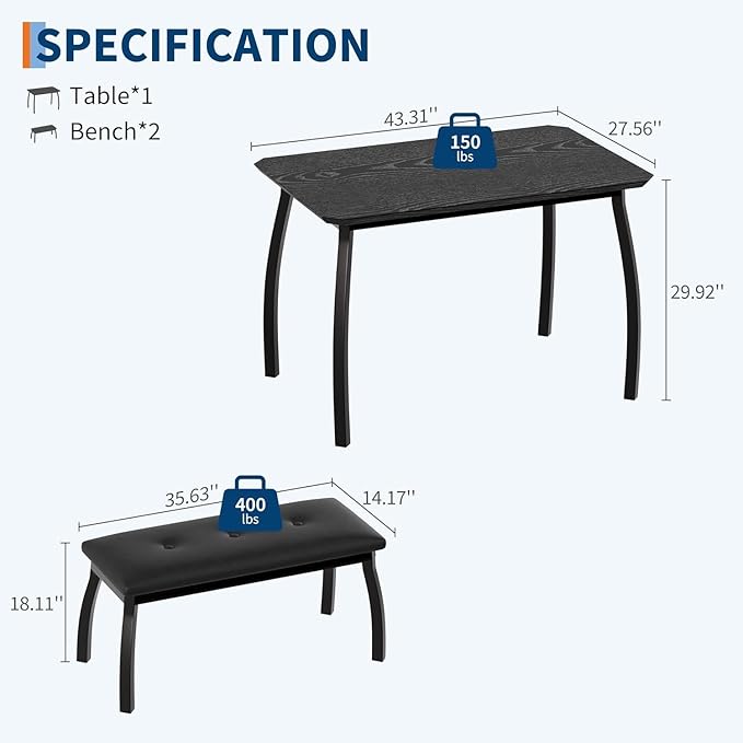 Dining Table for 4, 3-Piece Kitchen Table Set for 4 with Wooden Tabletop and Metal Frame, Industrial Kitchen Table with 2 PU Leather Benches for Bar, Dining Room, Restaurant(43''x28''x30''), Black