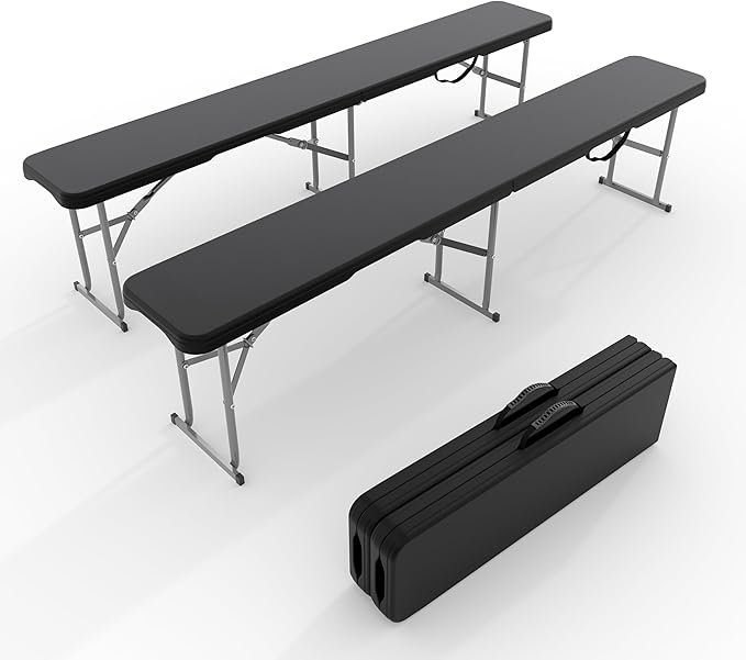 Garvee 6FT Folding Bench 2 Pack, Plastic Portable Folding Bench Seat with Carry Handle & Lock for in/Outdoor Activities, Picnic, Soccer, Caming Dining Seat, Black