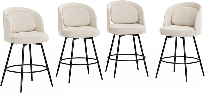 LUE BONA 26''H Swivel Bar Stools Set of 4, Counter Height Bar Stools with Backs, Lumbar Pillow and Black Metal Frames, Upholstered Modern Barstools for Kitchen Island, Linen Farbic, Linen Color