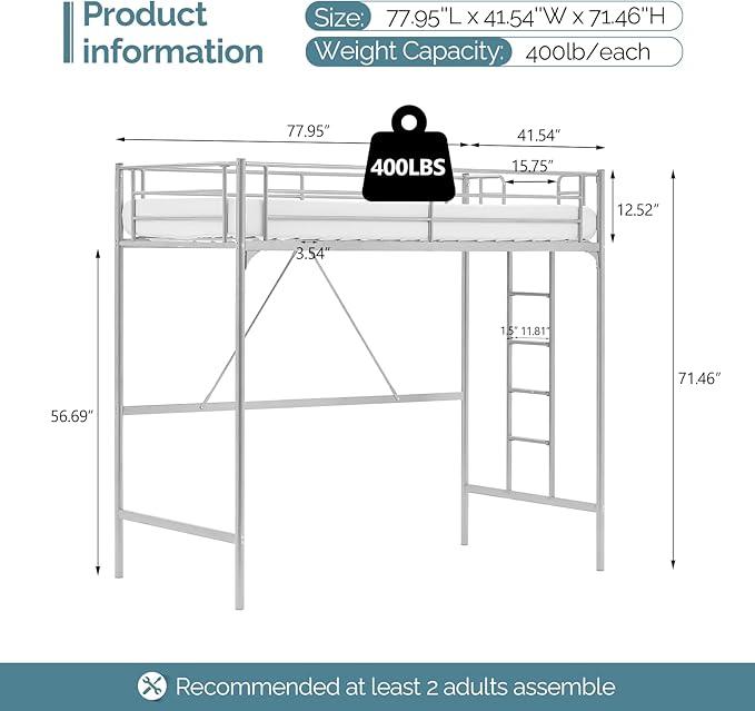 VINGLI Twin Loft Bed with Stairs Flat Steps for Kids, Adults Single Bed Space Saver Metal Loft, No Box Spring Required, Gray