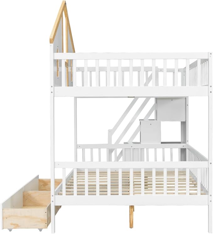 Full Over Full Bunk Bed with Drawers and Storage Stairs, House Castle Bed with Roof and Windows, Bookshelf, Space Saving for Kids, Boys, Girls, Adults, White