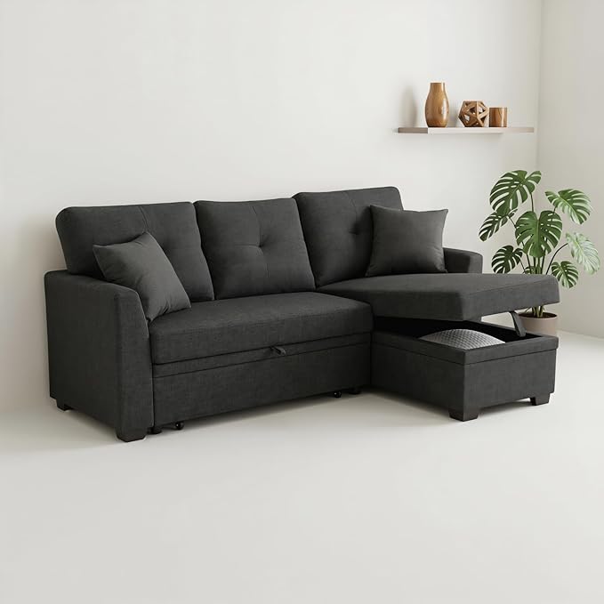 Convertible Sofa Bed, L Shape Sleeper Sofa with Reversible Storage Chaise, Tufted Fabric Sectional Sleeper Sofa with Pull Out Bed for Small Space, Living Room, Apartment, Charcoal Black