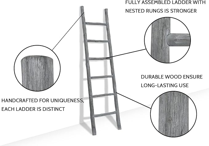 FUIN Fully Assembled 6ft Wood Blanket Ladder Living Room Decorative Wall Leaning Farmhouse Quilt Display Holder Rustic Wooden Towel Rack for Bathroom, Light Gray & Whitewashed