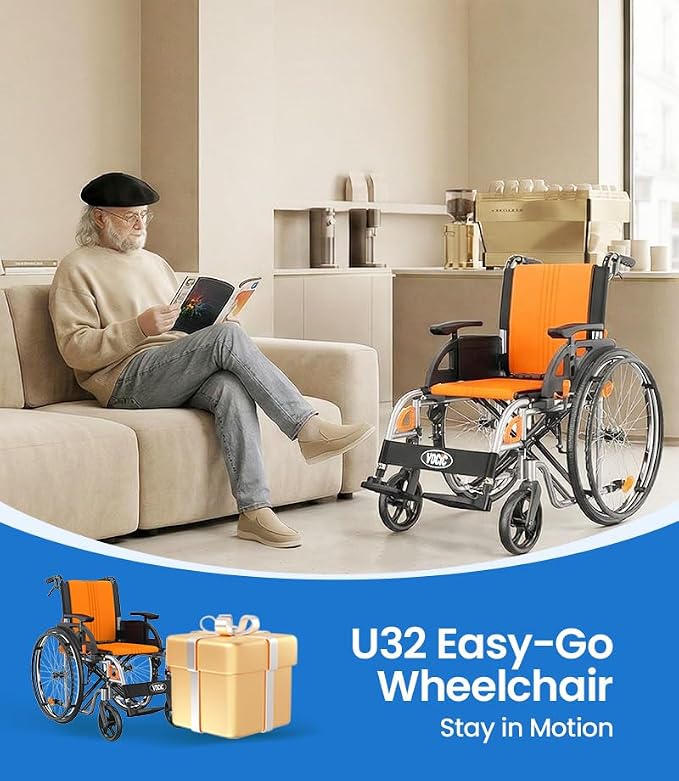VOCIC Ultra Lightweight Wheelchair for Adults, 23lb Frame Portable Foldable Self-Propelled Wheelchairs for Seniors with Quick Release Wheels, Swing-Away Footrests,Flip-Back Arm, 300 lbs Orange