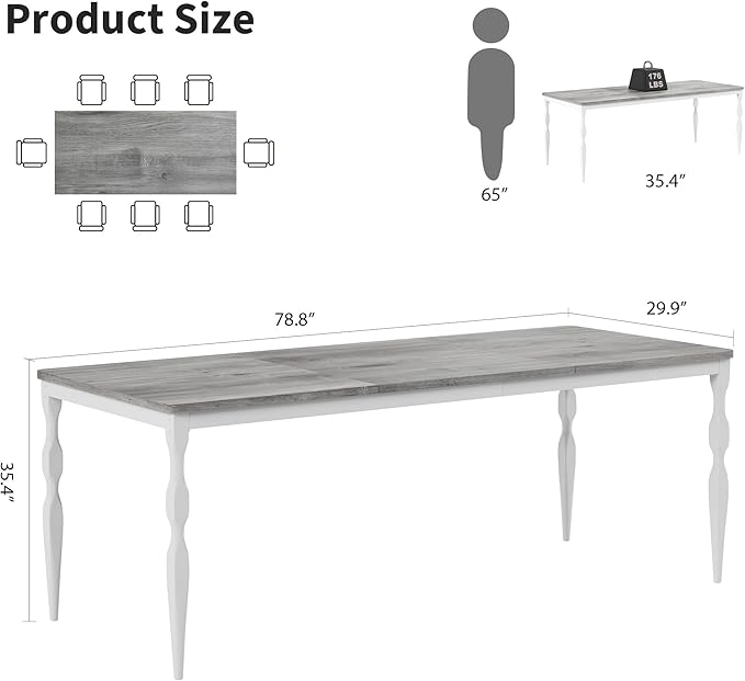 Garvee 79-Inch Modern Farmhouse Dining Table, Large Rectangular Kitchen Table for 6-8 People, Sturdy Wood Top with Unique Legs, Scratch-Resistant Dining Room Furniture for Party, Big Family, Grey