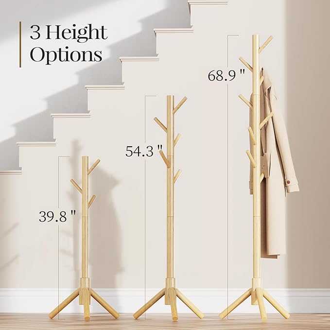 Pipishell Coat Rack Sturdy Wooden Coat Rack Stand, Adjustable Coat Tree, Free Standing Tree Hanger with 4 Sections & 8 Hooks, for Home/Bedroom/Office/Hallway/Entryway