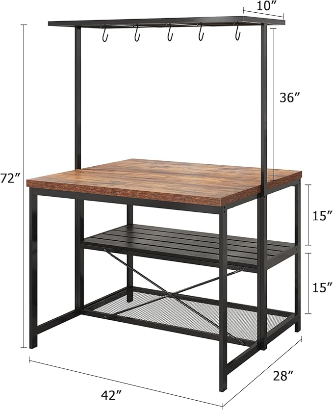 GarveeHome Kitchen Island with Storage, 42''Island Table for Kitchen with Seating Bakers Rack Microwave Oven Stand Shelf with 3 Tier Storage Shelf for Dining Room Living Room, 5 Hooks 42"*28"*72"