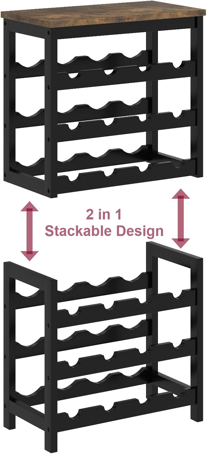 MOGELAFOO 6 Tier Bamboo Wine Rack Freestanding Floor, 24 Bottles Wine Storage Shelves with Table Top, Stackable Wine Display Rack for Kitchen, Bar, Dining Room, Rustic Brown and Black