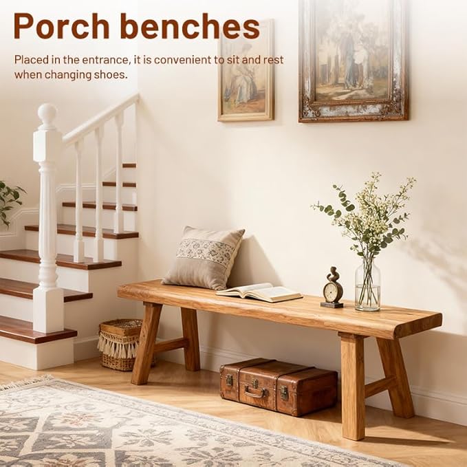 Rustic Solid Wood Bench Indoor, Farmhouse Entryway Bench with Sturdy Legs, Skinny Narrow Bench for Dining Hallway Entry Foyer End of Bed (31.49 inch Length)