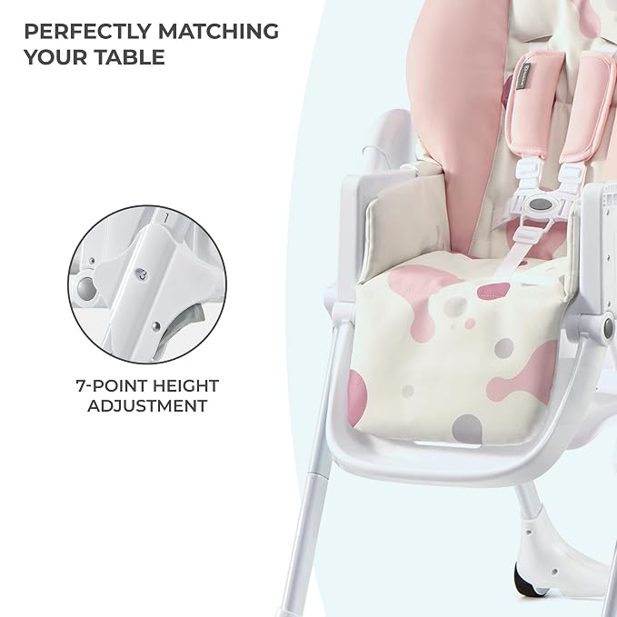 Kinderkraft Highchair Yummy, Baby Chair, Ergonomic, Comfortable, Reclining, Foldable, with Ajustable Height, Footrest, Detachable Double Tray, for Toddler, from 6 Month to 3 Years, Pink