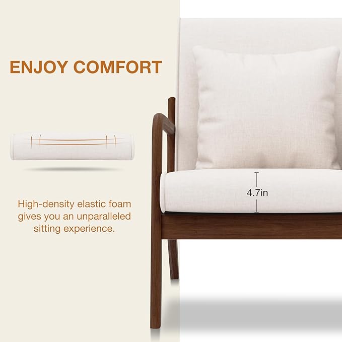 HOMMPA Mid-Century Modern Accent Chair Set of 2, Comfy Reading Armchair with Solid Wood Frame & Lumbar Pillow, Upholstered Linen Lounge Chair with Side Pocket for Living Room, Bedroom,Balcony(Beige)