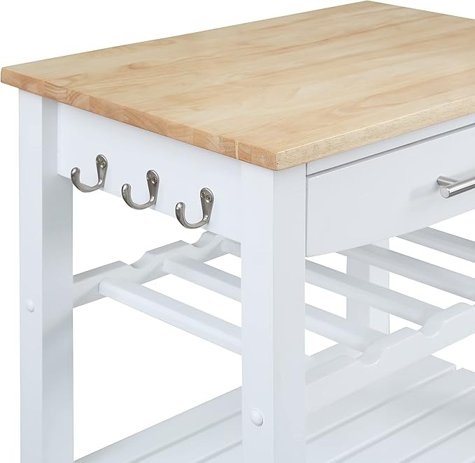 Convenience Concepts Ellaine Butcher Block Kitchen Cart 24.75" - 4 Tier Kitchen Island with Storage Drawer, Dining Room Wine Rack on Wheels, Coffee Station Table, Mobile Utility Trolley, White