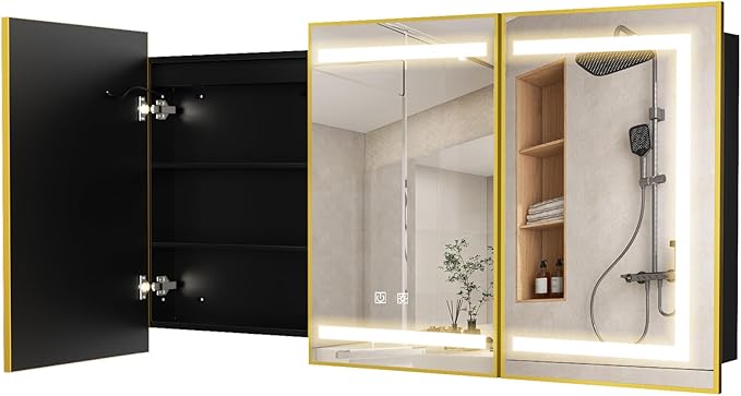 APRILSOUL 48x32 Inch Lighted Bathroom Medicine Cabinet with Mirror, Gold Recessed or Surface Mount Medicine Cabinet Mirror with Storage and LED Lights, 3 Colors Temperature, Dimmable Light