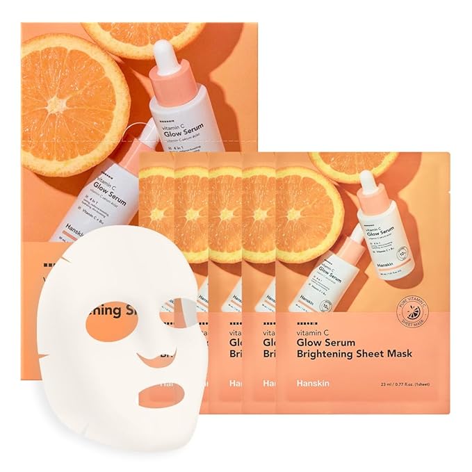 Hanskin Vitamin C Glow Sheet Mask – Korean Brightening & Hydrating Face Mask with Vitamin C + Niacinamide for Radiant, Even-Toned Skin | Glowing, Revitalizing Serum Mask | 10EA