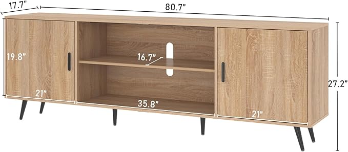 80 Inch Mid Century Modern TV Stand for 75 Inch TV, Wood TV Stand with Storage, Entertainment Center for Living Room Bedroom, TV Media Console, Oak