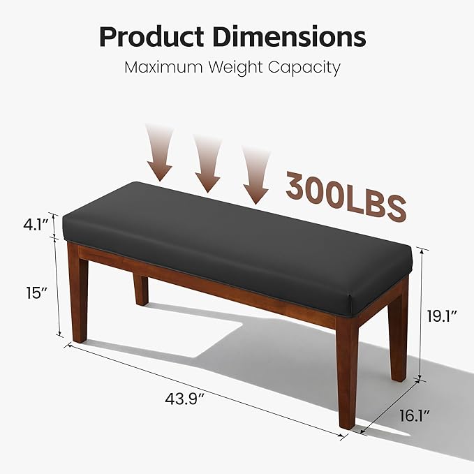 43.5" Upholstered Bedroom Bench, Faux Leather Entryway Bench with Solid Wood Legs, End of Bed Bench with Cushion, Dining Bench for Living Room, Bedroom, Hallway, Black