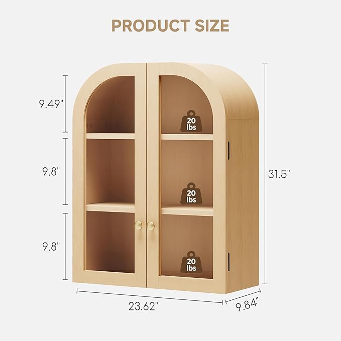 Fatmok Set of 2 Arched Bathroom Wall Cabinets with Glass Doors – Over-The-Toilet Storage Cabinet with Adjustable Shelf, Wood Floating Medicine Cabinet for Bathroom, Laundry Room, Kitchen, Natural Wood
