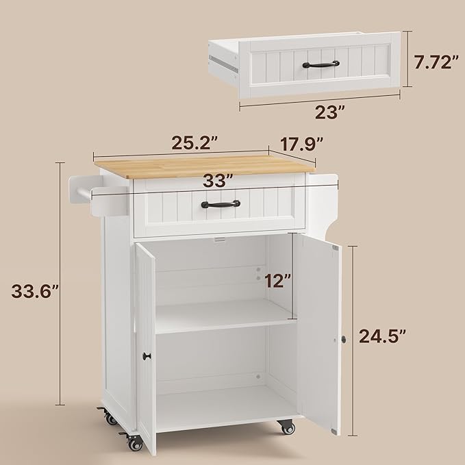 Gizoon Kitchen Island Cart with Adjustable Shelf, 33" W Mobile Trolley Cart on Metal Wheels with Drawer & Storage Cabinet, Spice Rack & Towel Rack, for Dining Room, Bar, White, Tabletop-Oak Color
