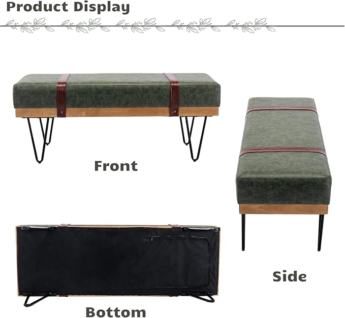 HEAH-YO Industrial Entryway Bench Set of 1, 44 Inches End of Bench with Padded Seat Cushion, Uphlstered PU Leather Dining Bench for Kitchen Living Room, Green