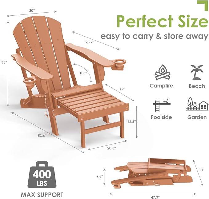 GREENVINES Adirondack-Chairs-with-Ottoman | Set of 4 | Folding | Retractable-Footrest | HDPE Plastic | All Weather Fire Pit Chair | Cup Holders | Teak | for Outdoor Poolside