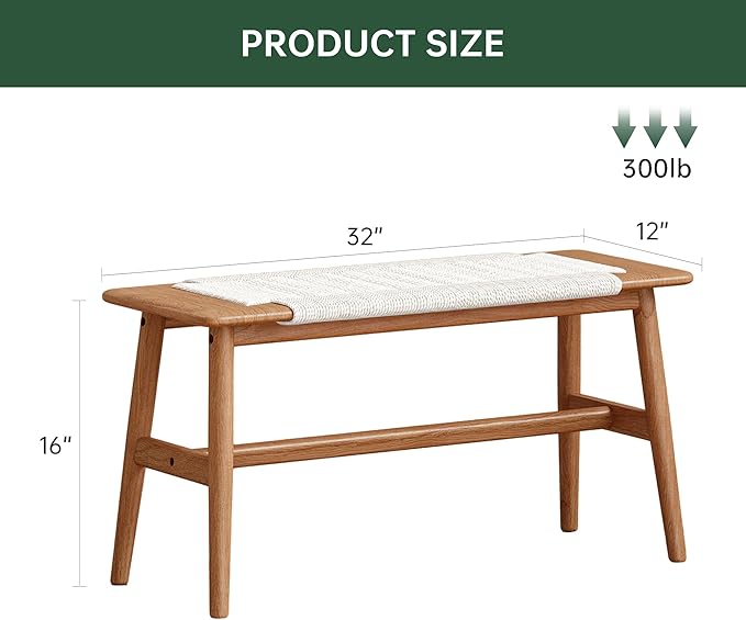 100% Solid Oak Farmhouse Entryway Bench, Wooden Bench Indoor with Hand Woven Rope Surface Design, Wood Bench for End of Bed with Solid Structure(Off-White, 31.49" Wx11.81 Dx15.98 H)