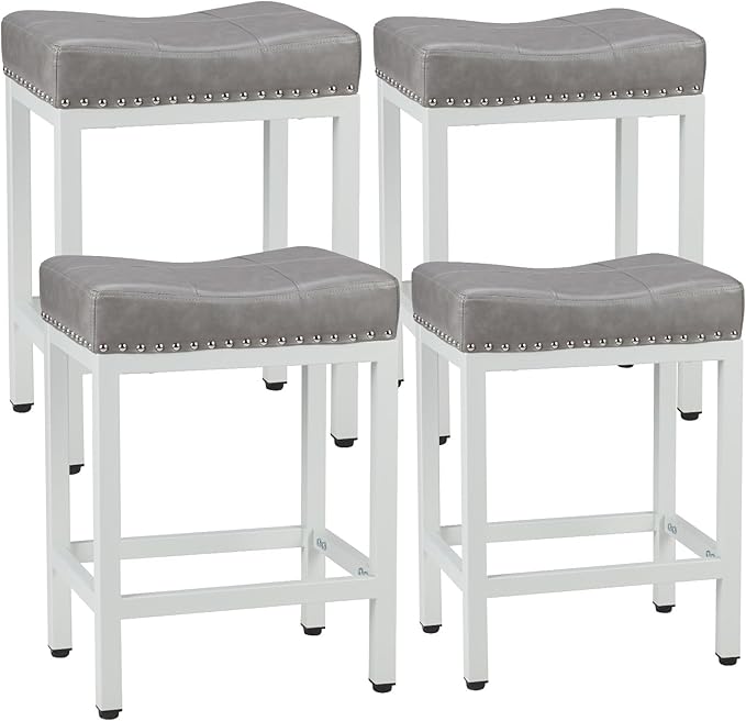 Sweetcrispy 24 inch Bar Stools Set of 4, Upholstered Modern Counter Height Bar Stools for Kitchen Island Modern PU Leather Sadless Stools Chair with Metal Base and Footrest,Grey