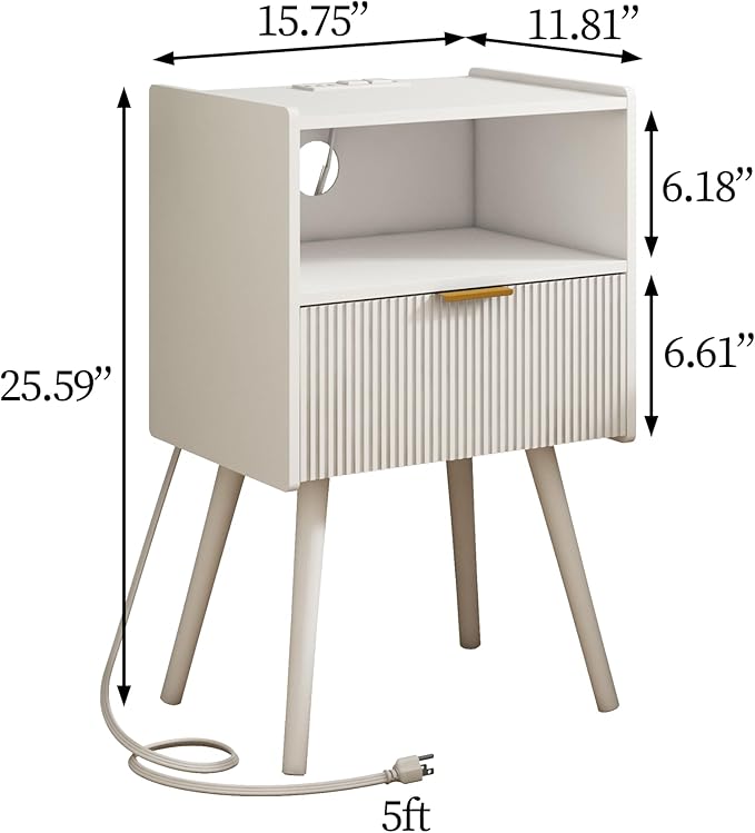 JOONEE White Nightstand with Outlet,Modern Bedside Table with Storage Drawer and Open Wood Shelf, for Living Room, Bedroom and Small Spaces, Accent Night Stand with Solid Wood Legs, Easy Assembly