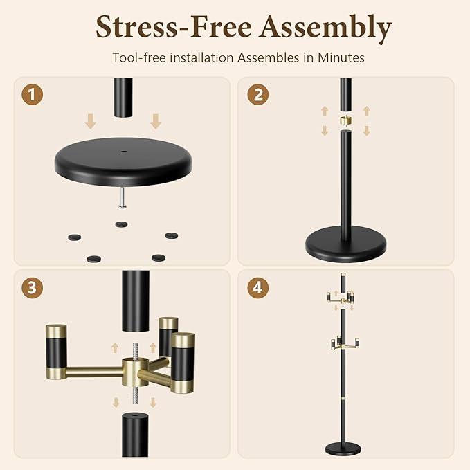 Solid Wood Freestanding Coat Rack with 6 Gold Metal Hooks, Heavy-Duty Freestanding Coat Stand for Coats, Hats, and Bags, Coat Racks for Bedroom, Entryway, and Living Room (Black)