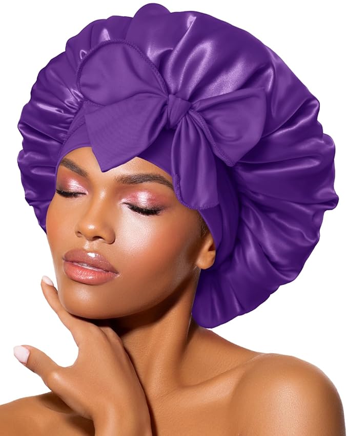 BONNET QUEEN Silk Bonnet for Sleeping Women Satin Bonnet Anti-Frizzy Night Sleep Cap Wrap for Curly Hair with Adjustable Tie Band,Purple