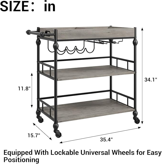3-Tier Bar Cart with Wheels, Mobile Rolling Beverage Cart with Wine Rack, Glass Holder & Removable Top Tray, Serving Cart, Retro Trolley for Kitchen, Dining Room, Living Room, 35.4" x 15.7" x 34.1"