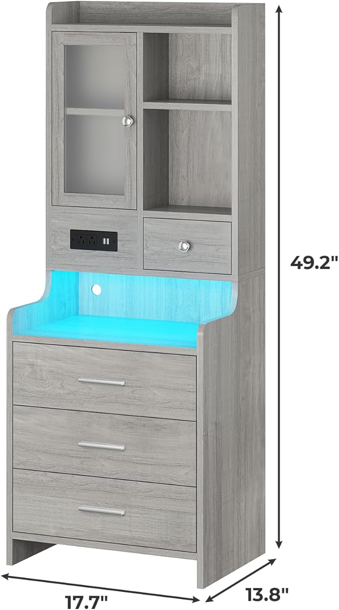 ADORNEVE Tall Night Stand with Charging Station and LED Lights,49.2" Nightstand with Bookshelf,Adjustable Shelf with Glass Door, Grey Bedside Table with Drawers,End Side Table for Bedrooms
