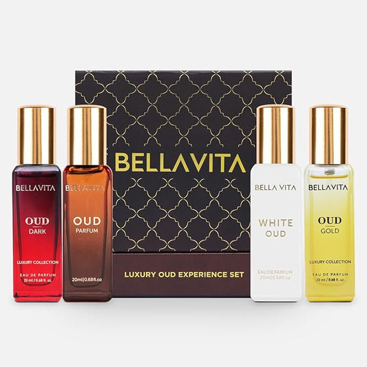 BellaVita Luxury OUD Experience ギフトセット (4x20ml) – プレミアムアラビアンユニセックスパフューム | ゴールド、ダーク、ホワイトOUDを含む | キャラメル、イリス、ベチバー、シトラスの香り