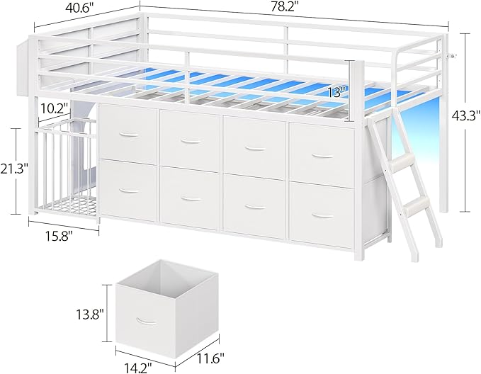 UPOSOJA Twin Size Low Loft Bed with RGB Lights & Play Zone, 8 XL Drawers, Kids Play Loft with 2-Step Ladder & Anti-Tip Kit (White)