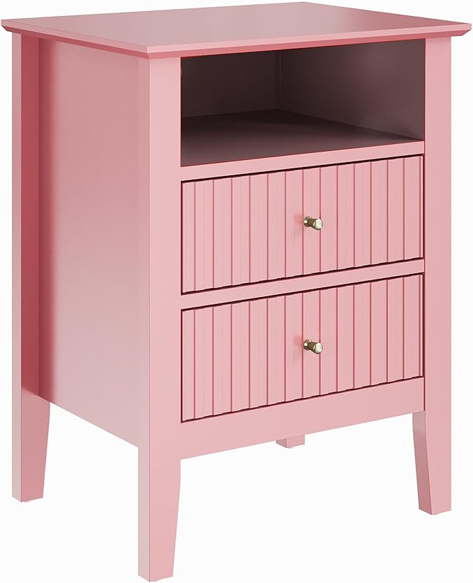RoyalCraft Pink Fluted Nightstand Set of 2, Colorful Nightstand with 2 Drawers, Modern Wooden End Table with Storage for Small Spaces, Side Table for Bedroom, Couch, Home Office