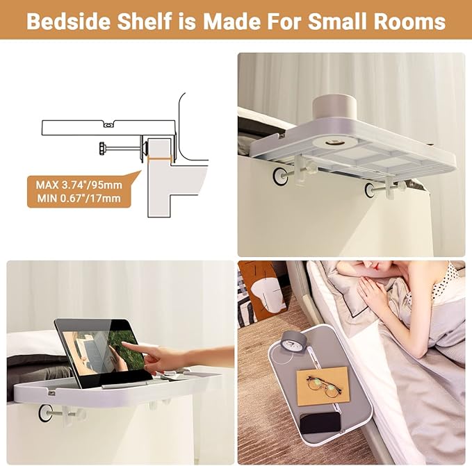 KIWIFOTOS 17" Large Bedside Shelf for Bed Dorm Organizer Clip-on Nightstand, Bedside Tray Table for Bunk Bed College Dorm Room