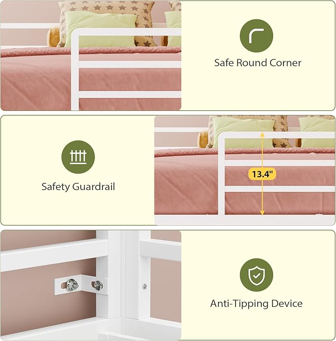 UPOSOJA Full Over Twin Bunk Bed with 8 Fabric Drawers, RGB LED Lights & Under-Bed Play Zone – F Over T Low Loft Bed with Soft Padded 2-Step Ladder, Space-Saving Bed for Kids, Teens (White, Full)