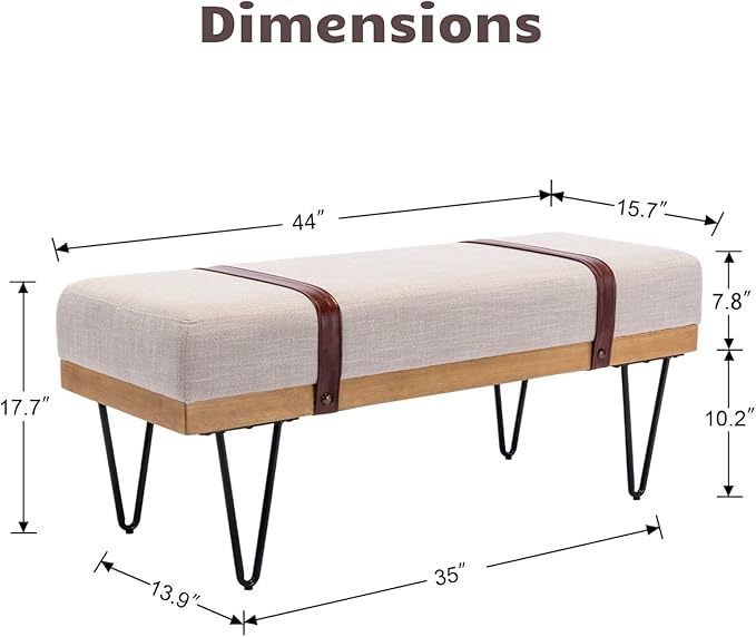 HEAH-YO Industrial Entryway Bench Set of 1, 44 Inches End of Bench with Padded Seat Cushion, Uphlstered Linen Fabric Dining Bench for Kitchen Living Room, Beige
