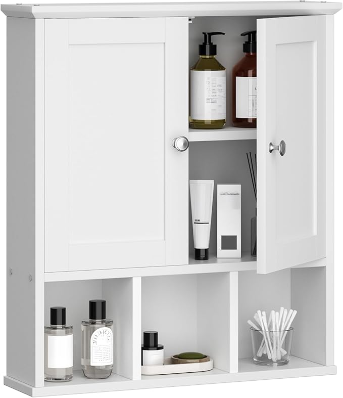 Shintenchi Bathroom Wall Cabinet with Door, Storage Organizer Over The Toilet Medicine, Space Saving with Adjustable & Open Shelf, Solid White